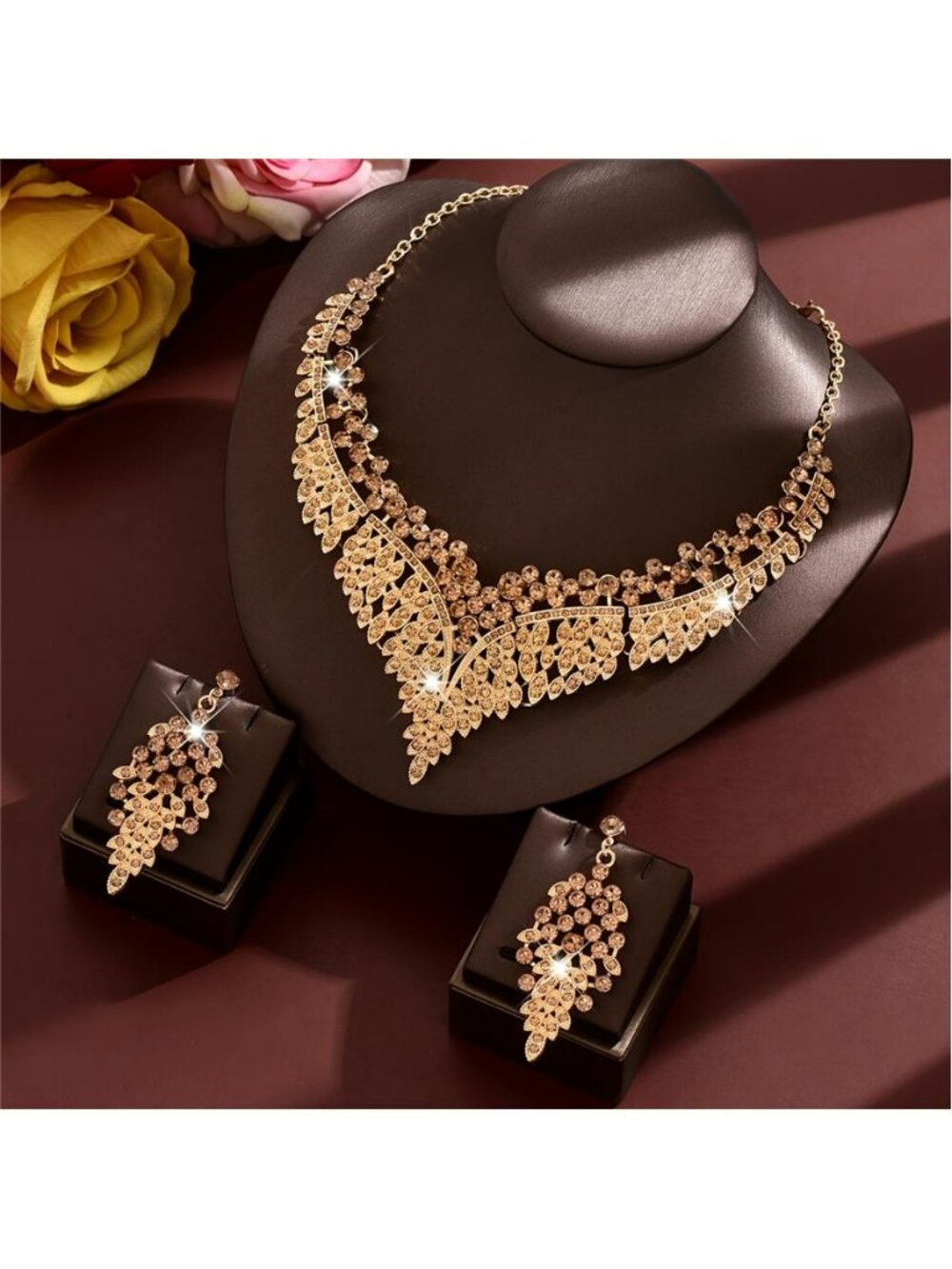 Gold Necklace Set Gold Rhinestone Earrings Statement Wedding Bridal Formal Dress